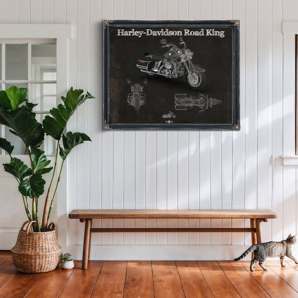 Harley-Davidson Road King Print framed in Vintage Black above a rustic console table