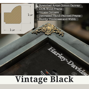 Vintage Black frame corner detail, 1.5 inch ornate wood moulding, Harley-Davidson Road King Print