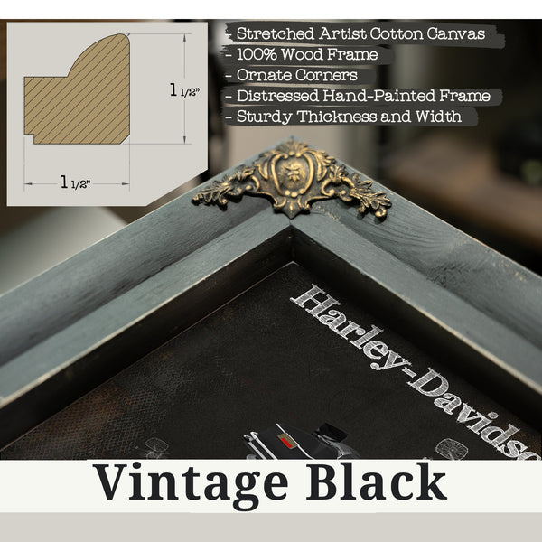 Vintage Black frame corner detail, 1.5 inch ornate wood moulding, Harley-Davidson Road King Print