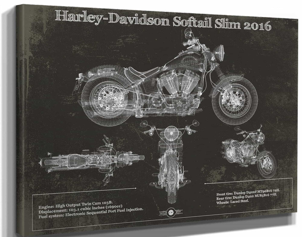 14" x 11" / Stretched Canvas Wrap Cutler West Harley Davidson Softail Slim S Army Design 2016 Motorcycle Patent Print