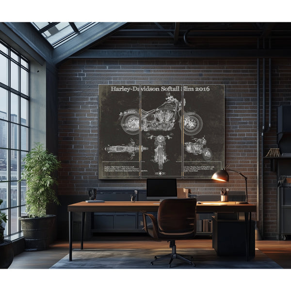 2016 Harley Davidson Softail Slim S Army Design Print as a 3 panel canvas wrap in an industrial loft office