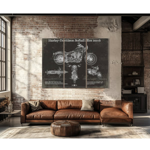 2016 Harley Davidson Softail Slim S Army Design Print as a 3 panel canvas wrap above a leather sofa