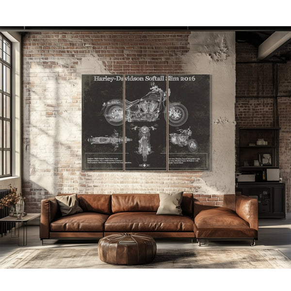 2016 Harley Davidson Softail Slim S Army Design Print as a 3 panel canvas wrap above a leather sofa