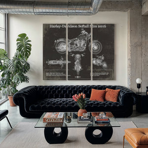 2016 Harley Davidson Softail Slim S Army Design Print as a 3 panel canvas wrap in a modern living room