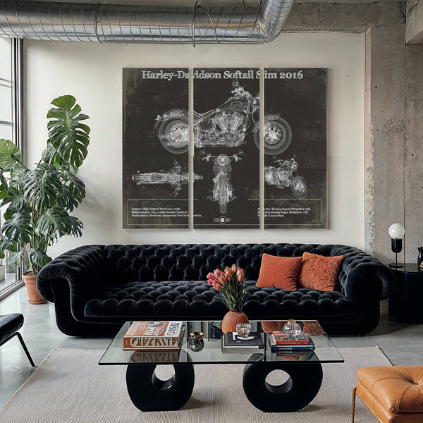2016 Harley Davidson Softail Slim S Army Design Print as a 3 panel canvas wrap in a modern living room