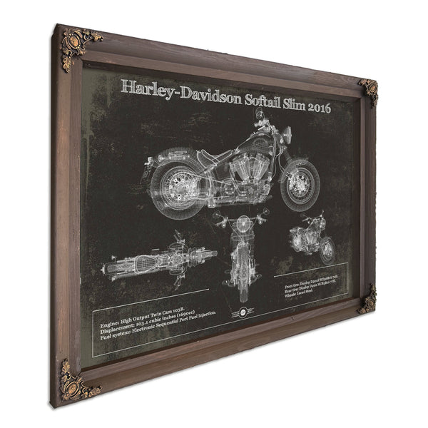 2016 Harley Davidson Softail Slim S Army Design Print in a Bourbon stained wood frame with antique gold corners