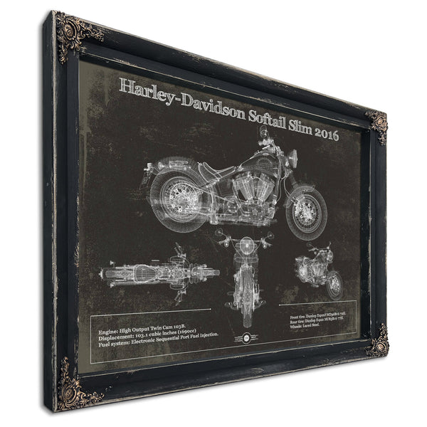 2016 Harley Davidson Softail Slim S Army Design Print in a distressed Vintage Black wood frame with ornate corners