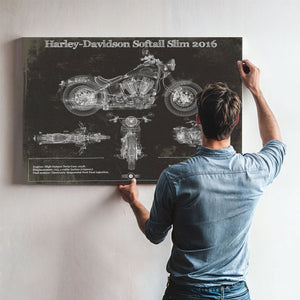2016 Harley Davidson Softail Slim S Army Design Print framed in Vintage Black above a mid-century record console