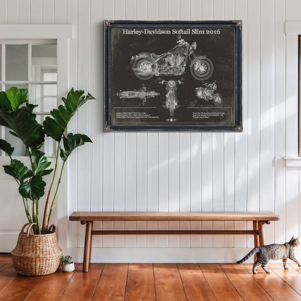 2016 Harley Davidson Softail Slim S Army Design Print framed in Vintage Black above a rustic console table