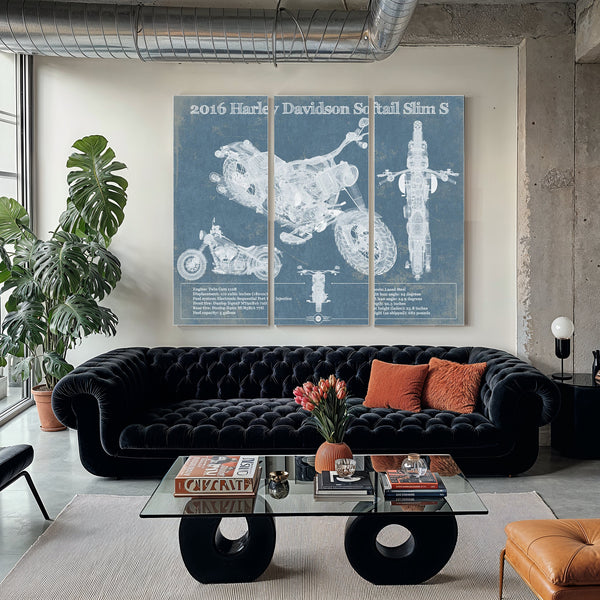 Harley-Davidson Softail Slim S Print as a 3 panel canvas wrap in a modern living room