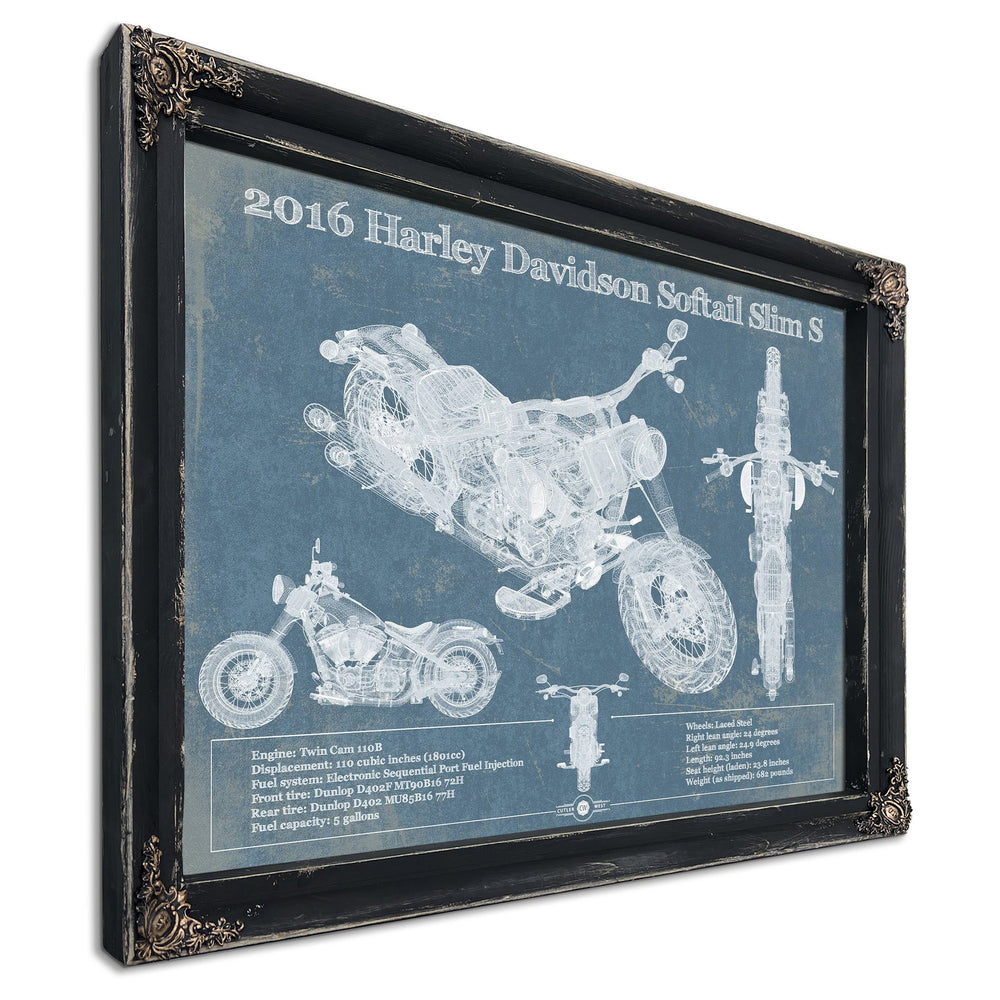 Harley-Davidson Softail Slim S Print in a distressed Vintage Black wood frame with ornate corners