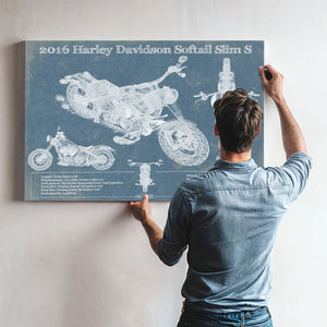Harley-Davidson Softail Slim S Print framed in Vintage Black above a mid-century record console