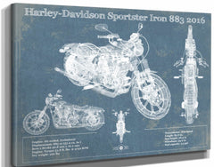 14" x 11" / Stretched Canvas Wrap Cutler West Harley-Davidson Sportster Iron 883 2016 Blueprint Motorcycle Patent Print