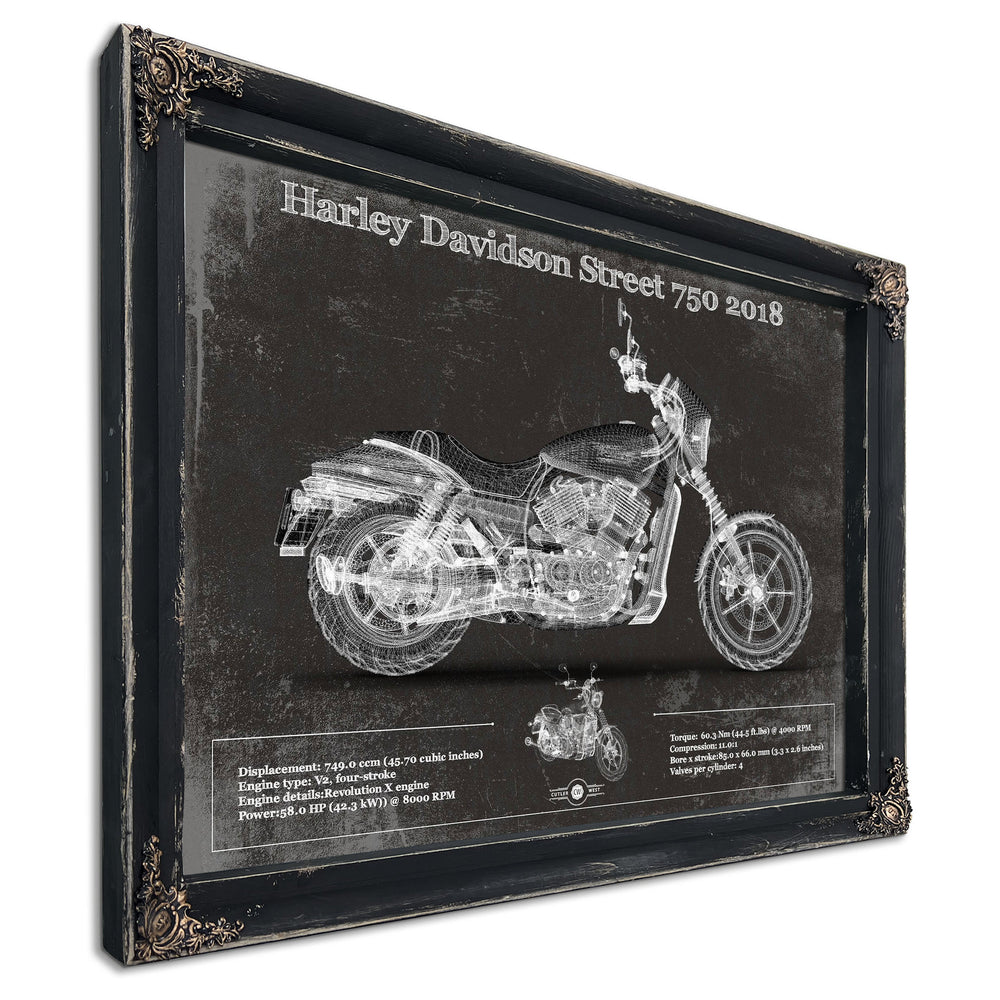 2018 Harley-Davidson Street 750 Print in a distressed Vintage Black wood frame with ornate corners