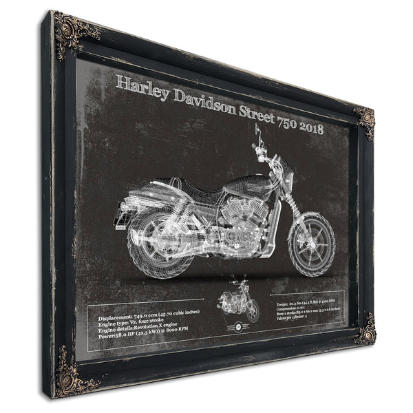 2018 Harley-Davidson Street 750 Print in a distressed Vintage Black wood frame with ornate corners