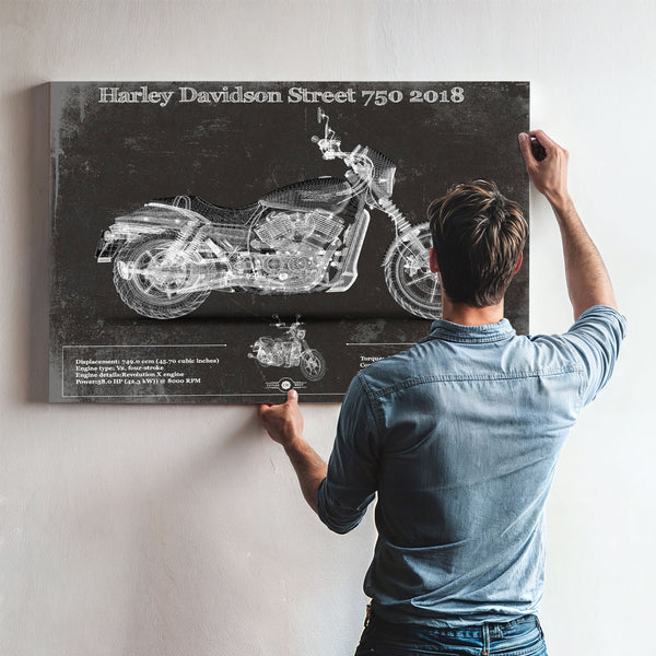 2018 Harley-Davidson Street 750 Print framed in Vintage Black above a mid-century record console