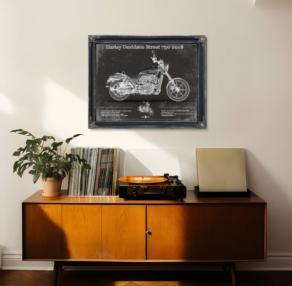 2018 Harley-Davidson Street 750 Print framed in Vintage Black in a loft bedroom