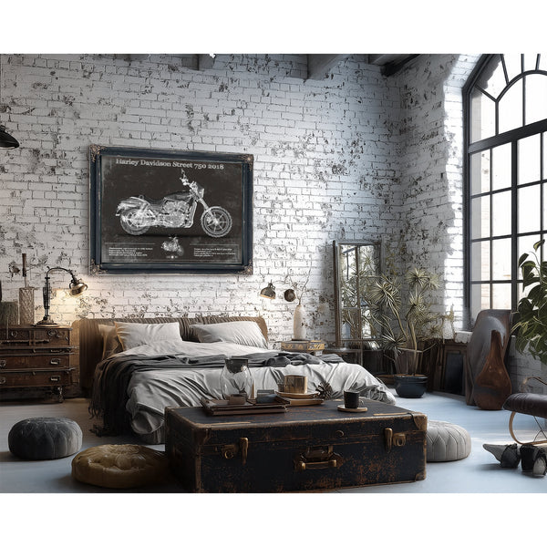 2018 Harley-Davidson Street 750 Print framed in Vintage Black in a farmhouse entryway