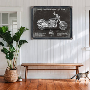 2018 Harley-Davidson Street 750 Print framed in Vintage Black above a rustic console table