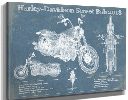 14" x 11" / Stretched Canvas Wrap Cutler West Harley-Davidson Street Bob 2018 Blueprint Motorcycle Patent Print