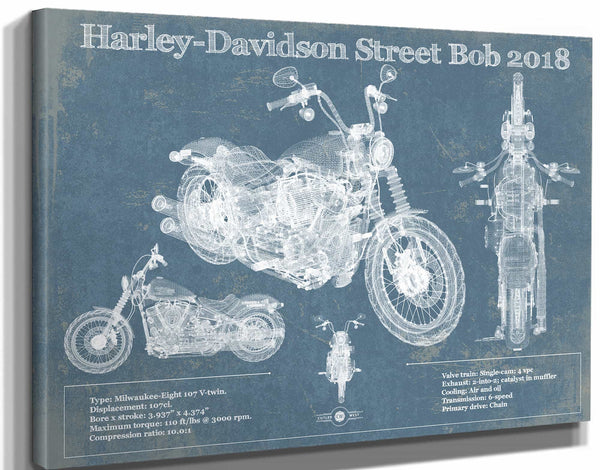14" x 11" / Stretched Canvas Wrap Cutler West Harley-Davidson Street Bob 2018 Blueprint Motorcycle Patent Print