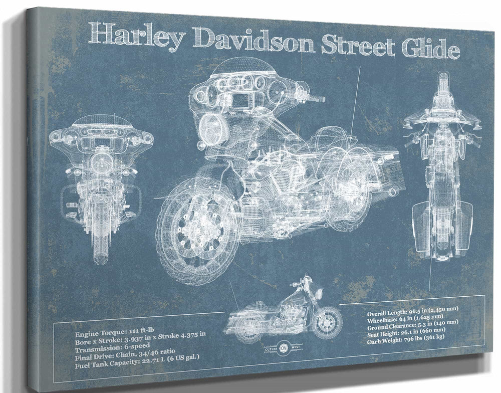 14" x 11" / Stretched Canvas Wrap Cutler West Harley Davidson Street Glide Motorcycle Patent Print