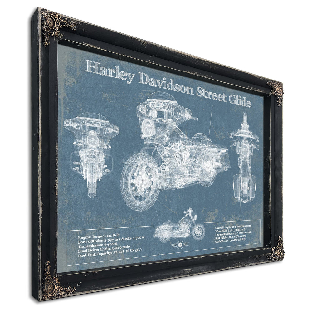 Harley Davidson Street Glide Print in a distressed Vintage Black wood frame with ornate corners