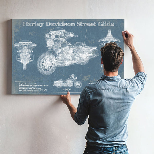 Harley Davidson Street Glide Print framed in Vintage Black above a mid-century record console