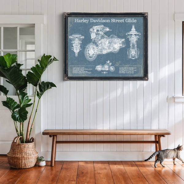 Harley Davidson Street Glide Print framed in Vintage Black above a rustic console table