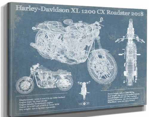 14" x 11" / Stretched Canvas Wrap Cutler West Harley-Davidson XL 1200 CX Roadster 2018 Blueprint Motorcycle Patent Print