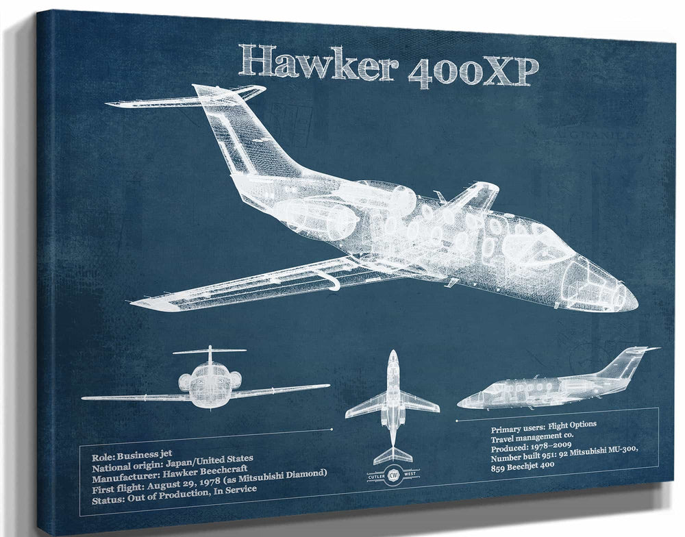 14" x 11" / Stretched Canvas Wrap Cutler West Hawker 400XP Vintage Blueprint Airplane Print