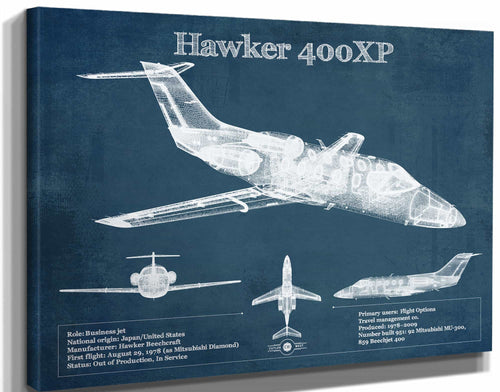 14" x 11" / Stretched Canvas Wrap Cutler West Hawker 400XP Vintage Blueprint Airplane Print