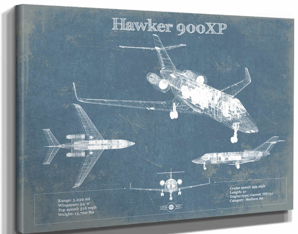 14" x 11" / Stretched Canvas Wrap Cutler West Hawker 900XP Vintage Aviation Blueprint Print - Custom Pilot Name Can Be Added