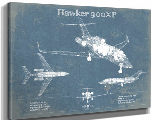 14" x 11" / Stretched Canvas Wrap Cutler West Hawker 900XP Vintage Aviation Blueprint Print - Custom Pilot Name Can Be Added