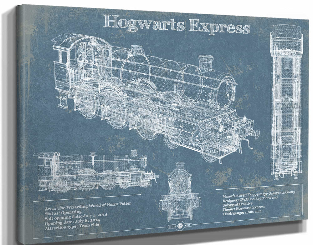 14" x 11" / Stretched Canvas Wrap Cutler West Hogwarts Express Vintage Blueprint Train Print