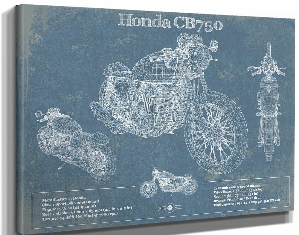 14" x 11" / Stretched Canvas Wrap Cutler West Honda CB750 Motorcycle Patent Print
