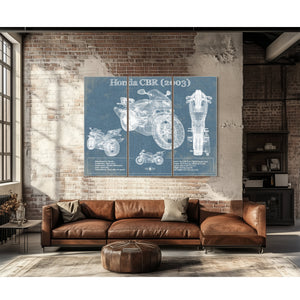2003 Honda CBR660RR Blueprint Art Print as a 3 panel canvas wrap above a leather sofa
