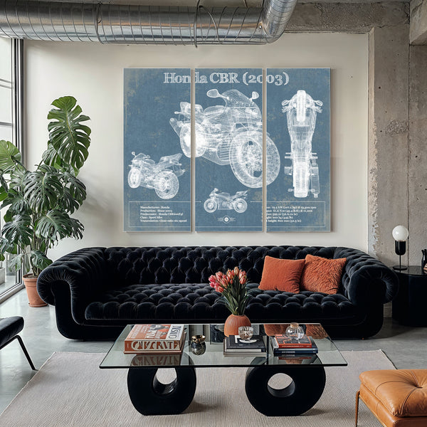 2003 Honda CBR660RR Blueprint Art Print as a 3 panel canvas wrap in a modern living room