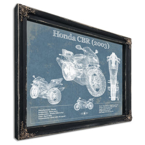 2003 Honda CBR660RR Blueprint Art Print in a distressed Vintage Black wood frame with ornate corners