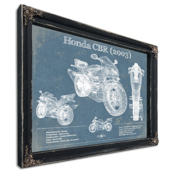2003 Honda CBR660RR Blueprint Art Print in a distressed Vintage Black wood frame with ornate corners