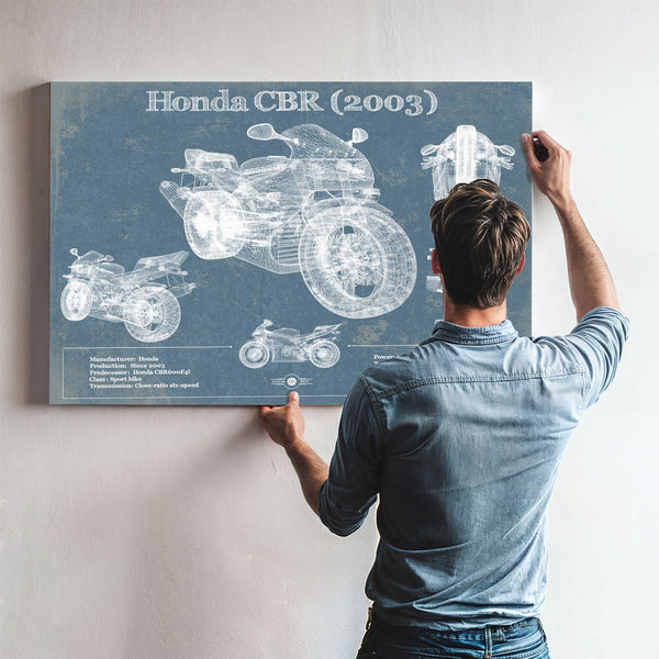2003 Honda CBR660RR Blueprint Art Print framed in Vintage Black above a mid-century record console