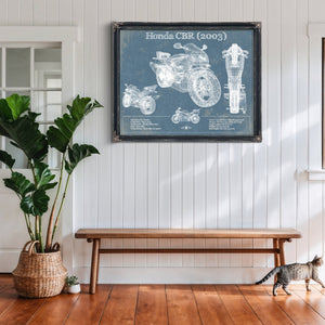 2003 Honda CBR660RR Blueprint Art Print framed in Vintage Black above a rustic console table