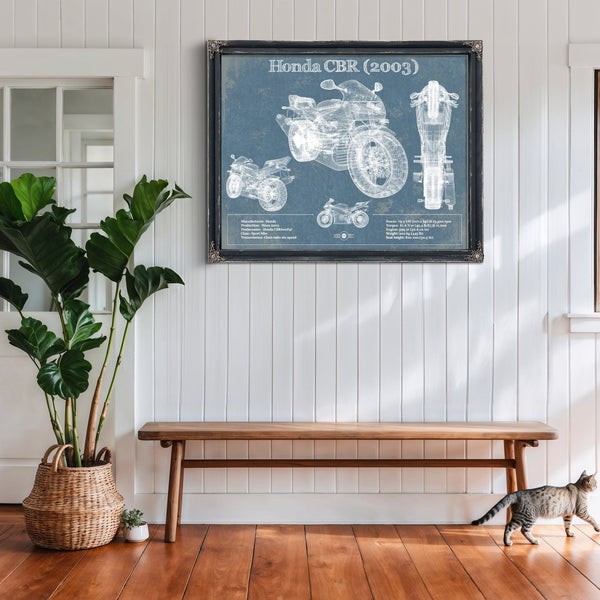 2003 Honda CBR660RR Blueprint Art Print framed in Vintage Black above a rustic console table