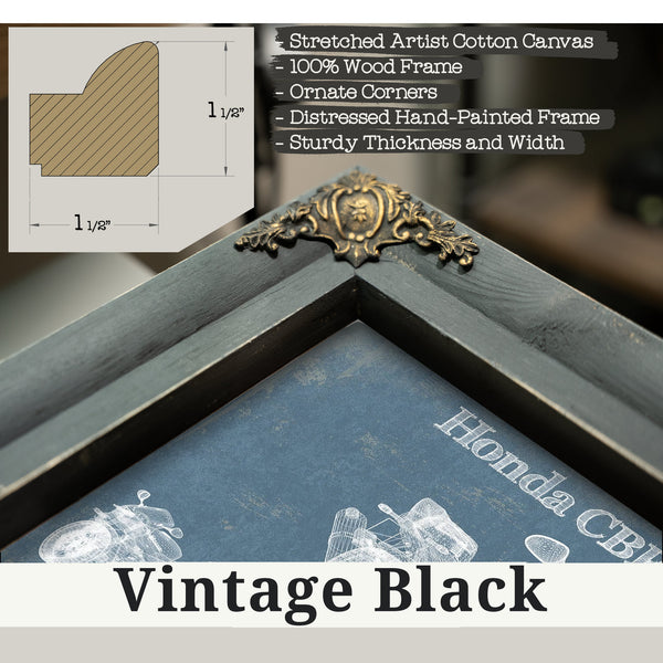 Vintage Black frame corner detail, 1.5 inch ornate wood moulding, 2003 Honda CBR660RR Blueprint Art Print