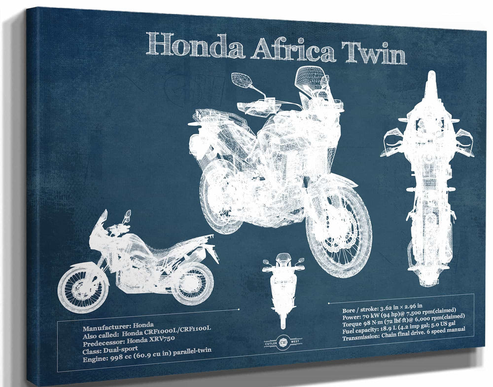 14" x 11" / Stretched Canvas Wrap Cutler West Honda CRF1000L/CRF1100 Africa Twin Motorcycle Patent Print