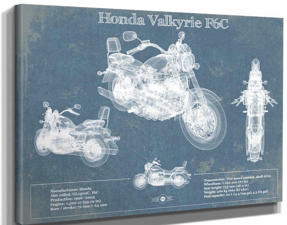 14" x 11" / Stretched Canvas Wrap Cutler West Honda Valkyrie F6C Blueprint Motorcycle Patent Print