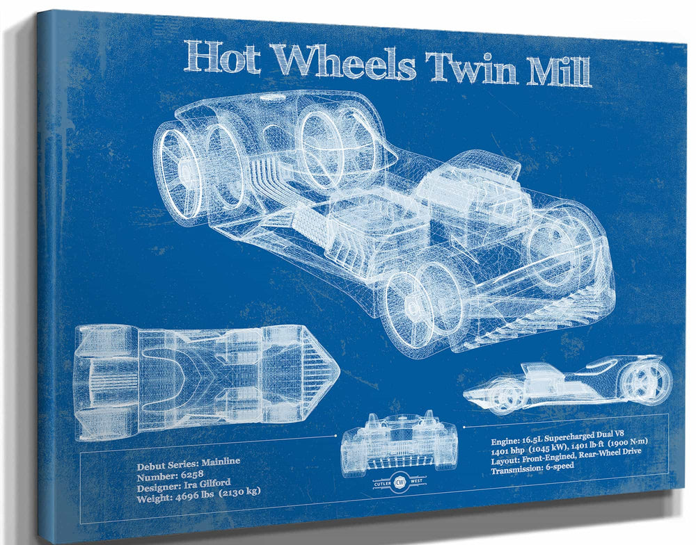 14" x 11" / Stretched Canvas Wrap Cutler West Hot Wheels Twin Mill Blueprint Vintage Auto Print