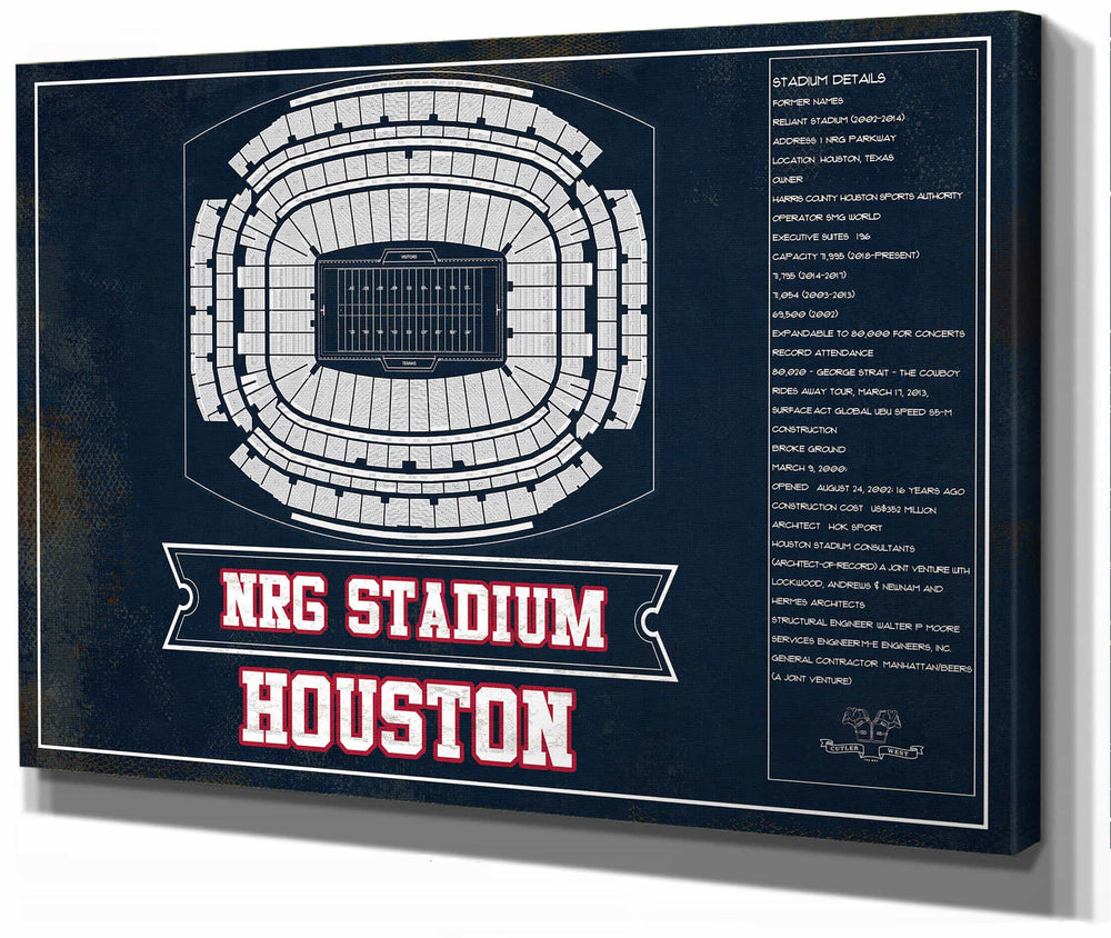 14" x 11" / Stretched Canvas Wrap Cutler West Houston Texans NRG Stadium Team Colors Seating Chart - Vintage Football Print