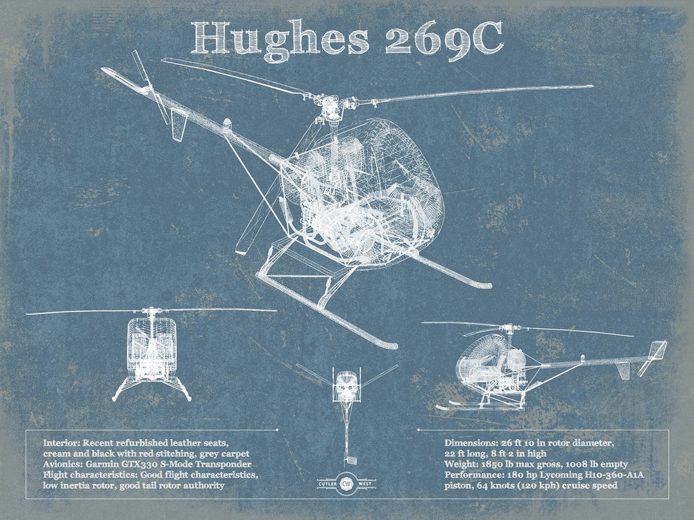 14" x 11" / Stretched Canvas Wrap Cutler West Hughes 269C Helicopter Vintage Aviation Blueprint Print