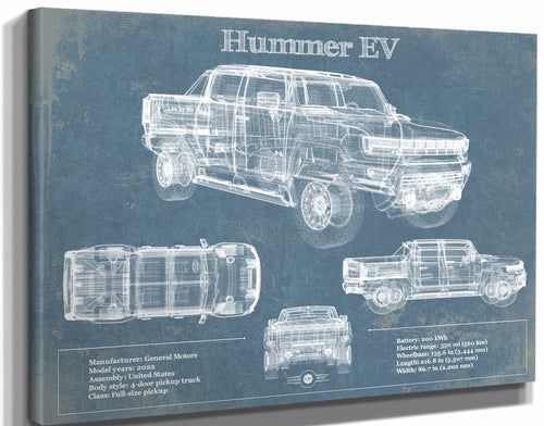 14" x 11" / Stretched Canvas Wrap Cutler West Hummer EV Blueprint Vintage Auto Print